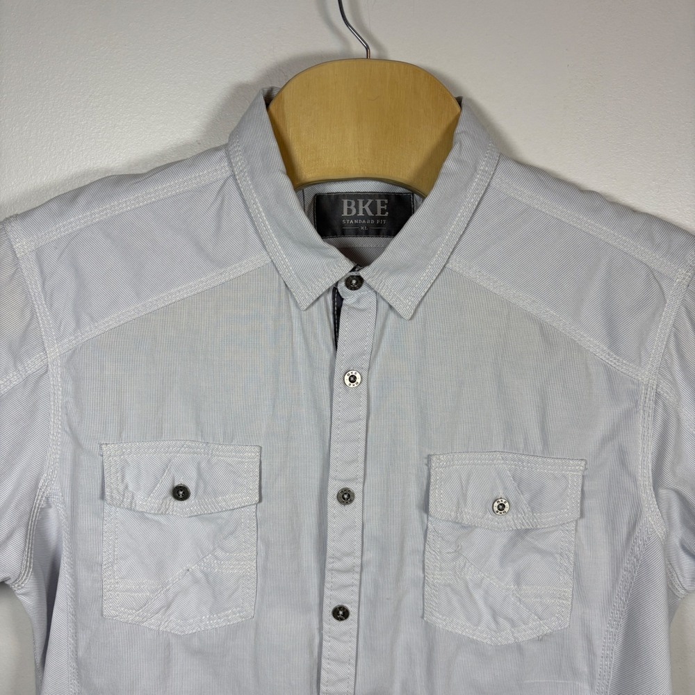 BKE Mens Standard Fit Short Sleeve Button Down‎ Shirt Blue White Stripe XL
